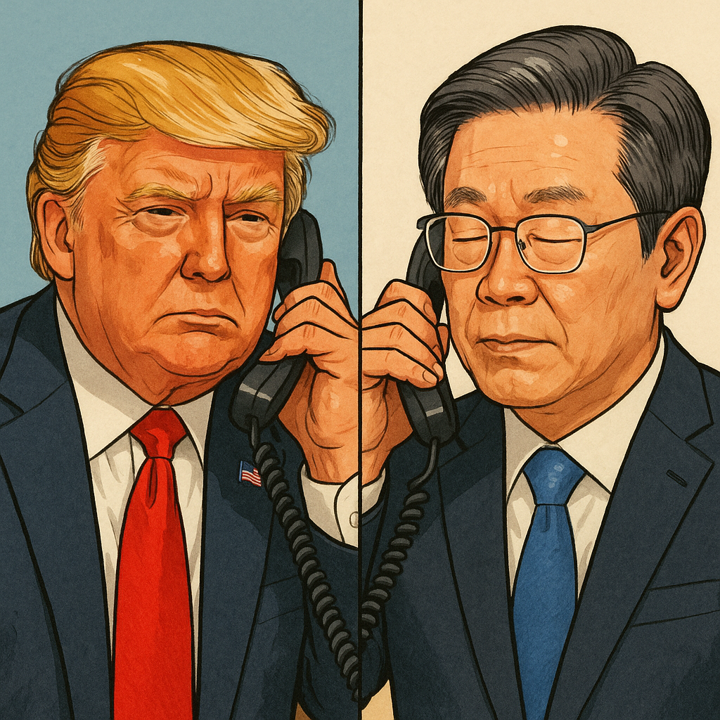 트럼프와 이재명이 통화하는 일러스트