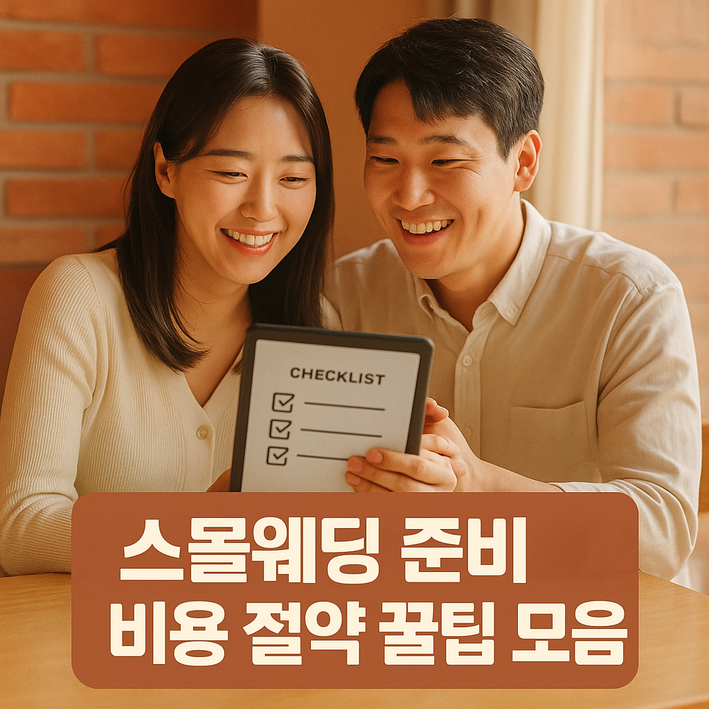 햇살 가득한 카페에서 행복하게 결혼 준비 정보를 보는 커플 – 스몰웨딩 절약 팁 홍보 사진