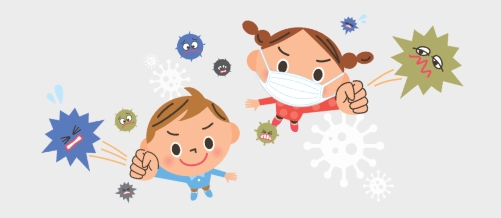 미세먼지 마스크를 쓴학생과 안쓴 학생이 미세먼지에 대응하는 모습