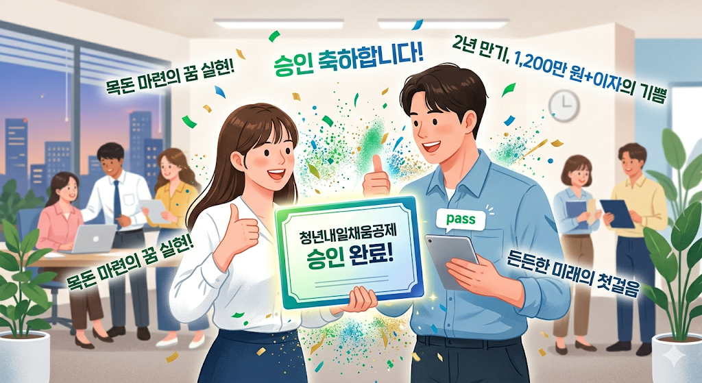 청년내일채움공제 승인 완료를 축하하며 지원금과 목돈 마련 혜택을 안내하는 일러스트