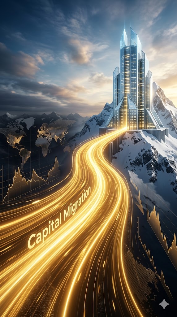 A massive golden flow of digital and physical capital moving toward a Swiss Data Center.