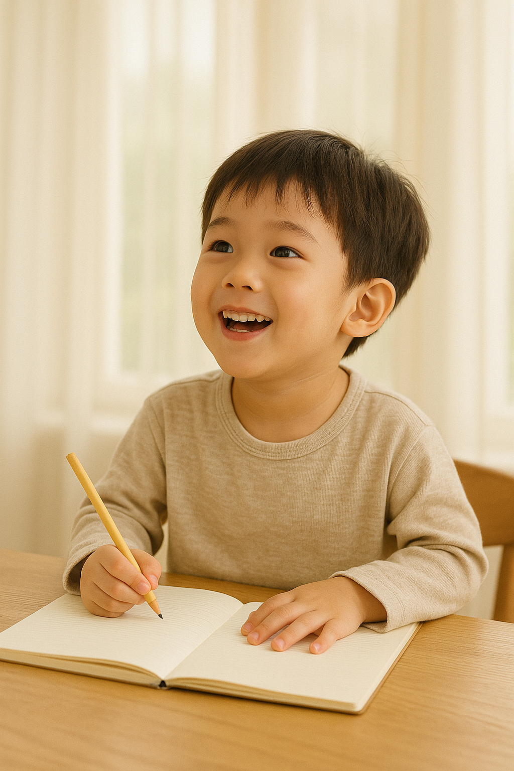 남자 아이가 연필을 들고 해맑게 웃고 있는 사진
