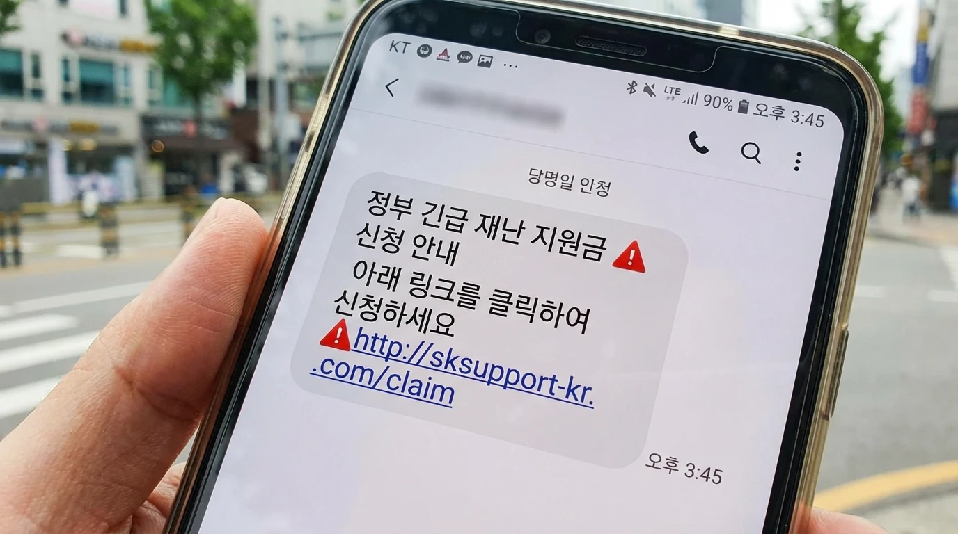 가짜 정부 지원금 문자의 악성 인터넷 링크와 붉은색 경고 아이콘