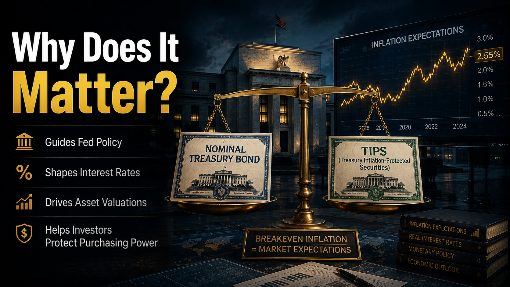 Comparison of nominal Treasury bonds and TIPS explaining the importance of Breakeven Inflation.