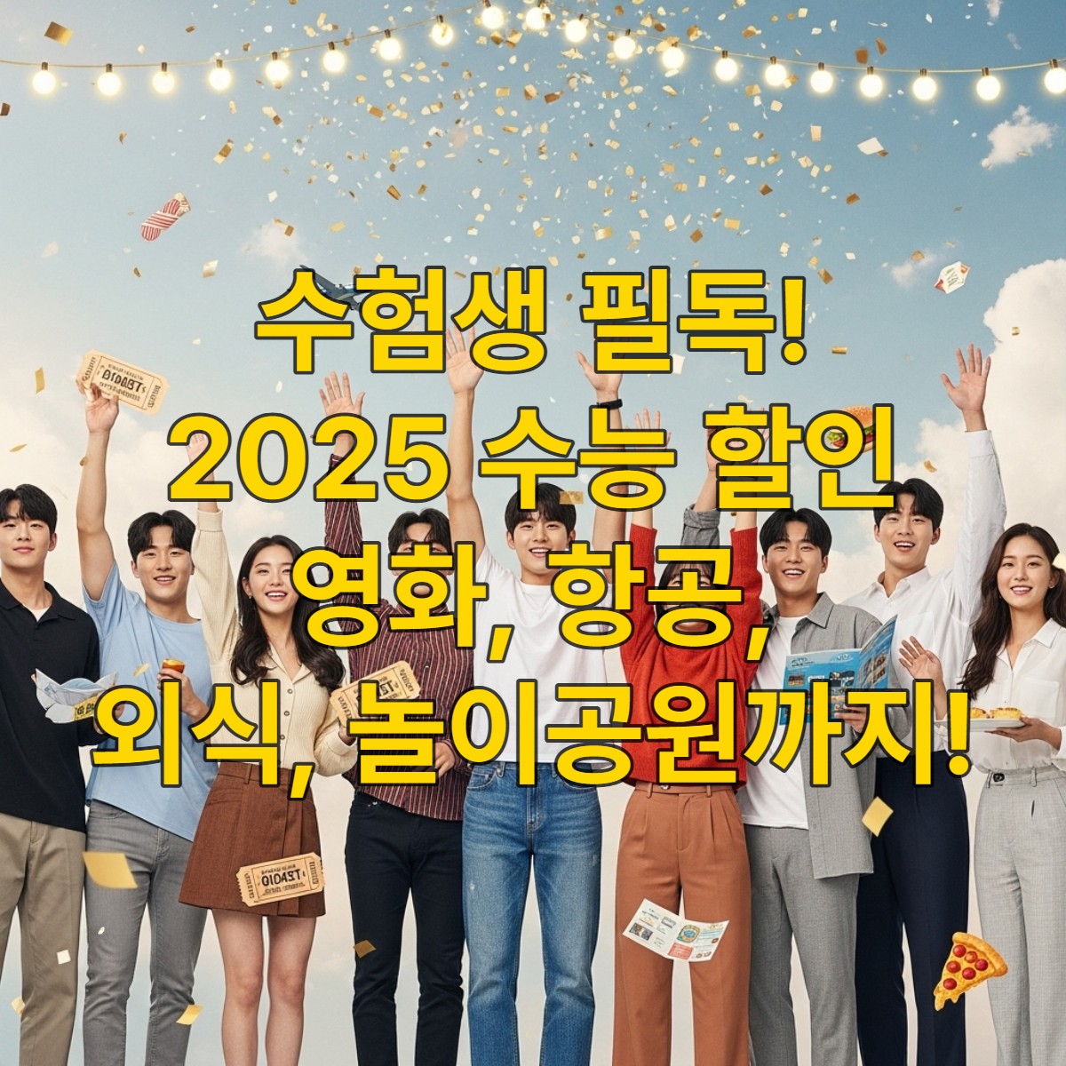 2025학년도 수능을 마친 학생들이 활기찬 모습으로 영화표, 비행기 티켓, 음식, 놀이공원 입장권 등 다양한 할인 혜택을 즐기는 모습. 자유롭고 행복한 분위기.