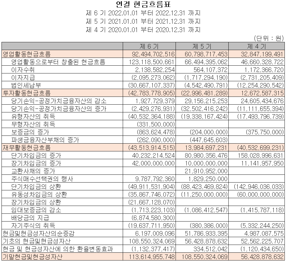 이녹스첨단소재 - 현금흐름표