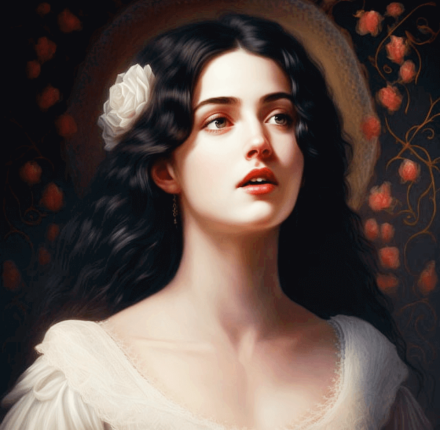 하얀 드레스를 입은 젊은 백인 여성인 프리마돈나가 있다. 검정색 웨이브 머리에 하얀 장미꽃 장식을 달았다.