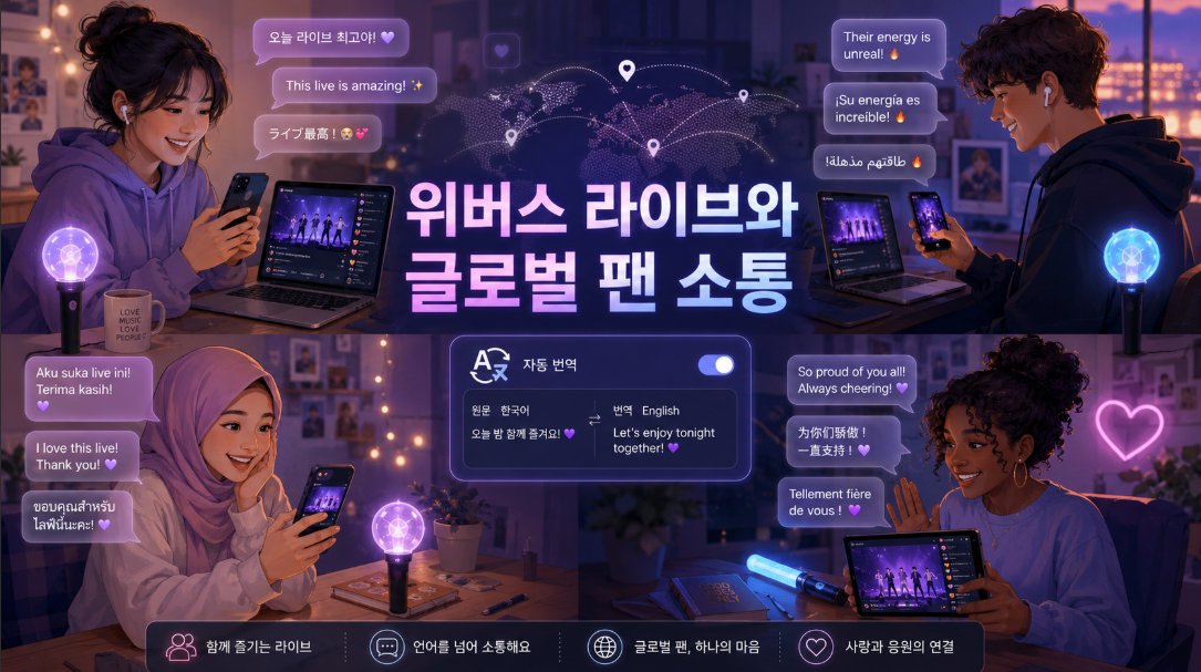 위버스 라이브와 자동 번역 기능으로 글로벌 K-팝 팬들이 소통하는 모습