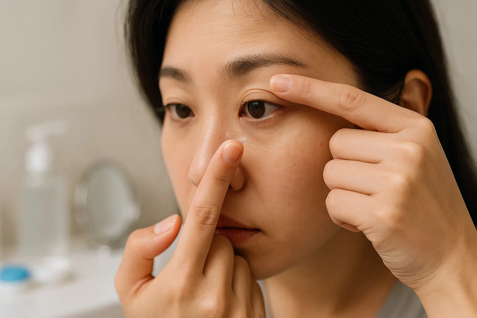 콘택트렌즈를 눈에 착용하는 한국인 여성 클로즈업, 건조한 눈과 살짝 충혈된 눈을 표현, 위생적으로 관리하는 모습과 대비되게 건조함을 암시