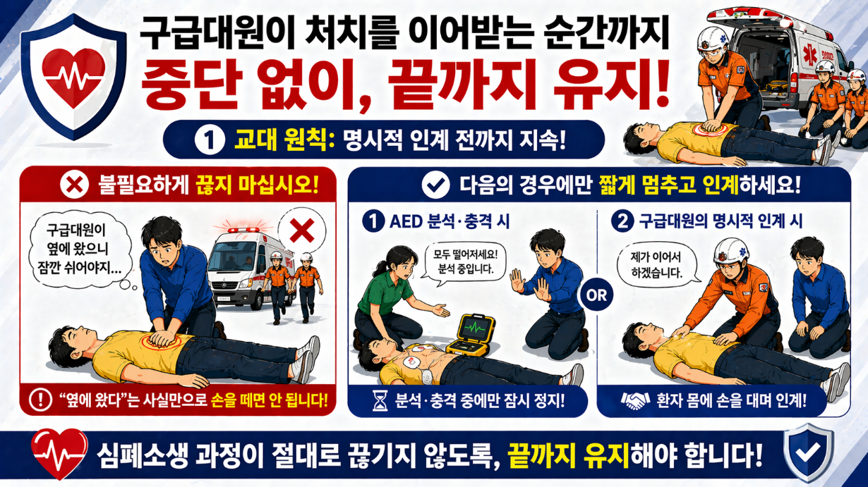 구급대 도착 후 인계 전까지 CPR을 중단 없이 유지해야 하는 원칙 설명