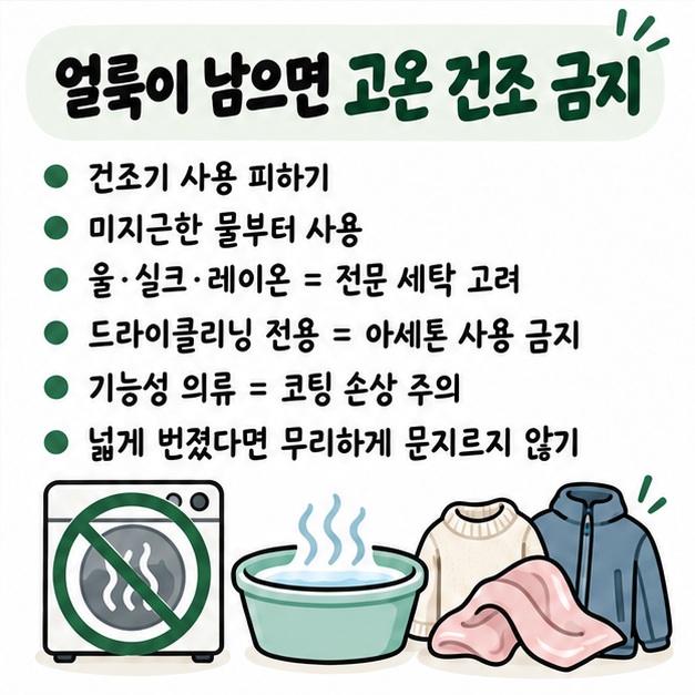 얼룩이 남은 상태에서 건조기를 피하고 울·실크·기능성 의류는 세탁 라벨과 전문 세탁 여부를 확인하는 주의사항 카드