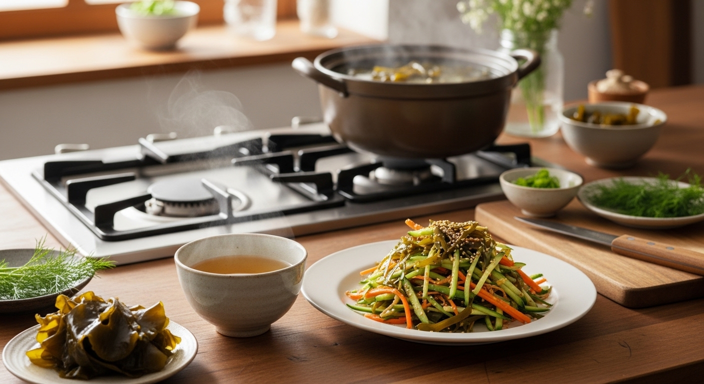 다시마 차, 다시마 무침, 다시마 육수 등 일상에서 다시마를 건강하고 맛있게 활용하는 다양한 요리들.