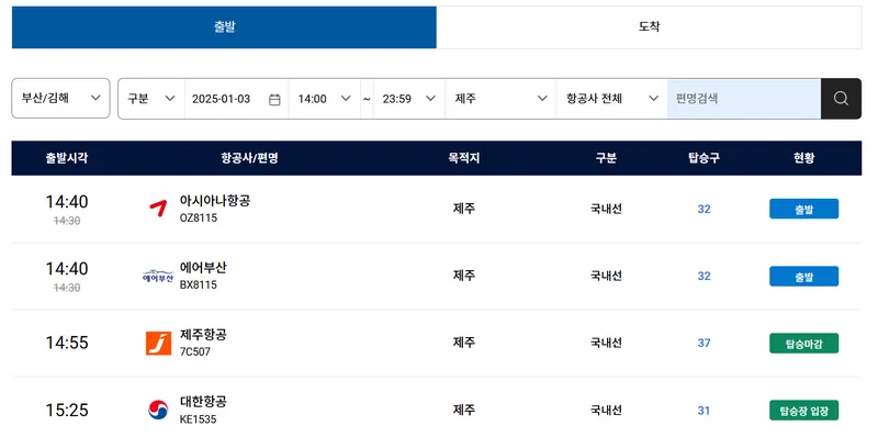 김해공항 제주도 비행기 실시간 출도착 안내