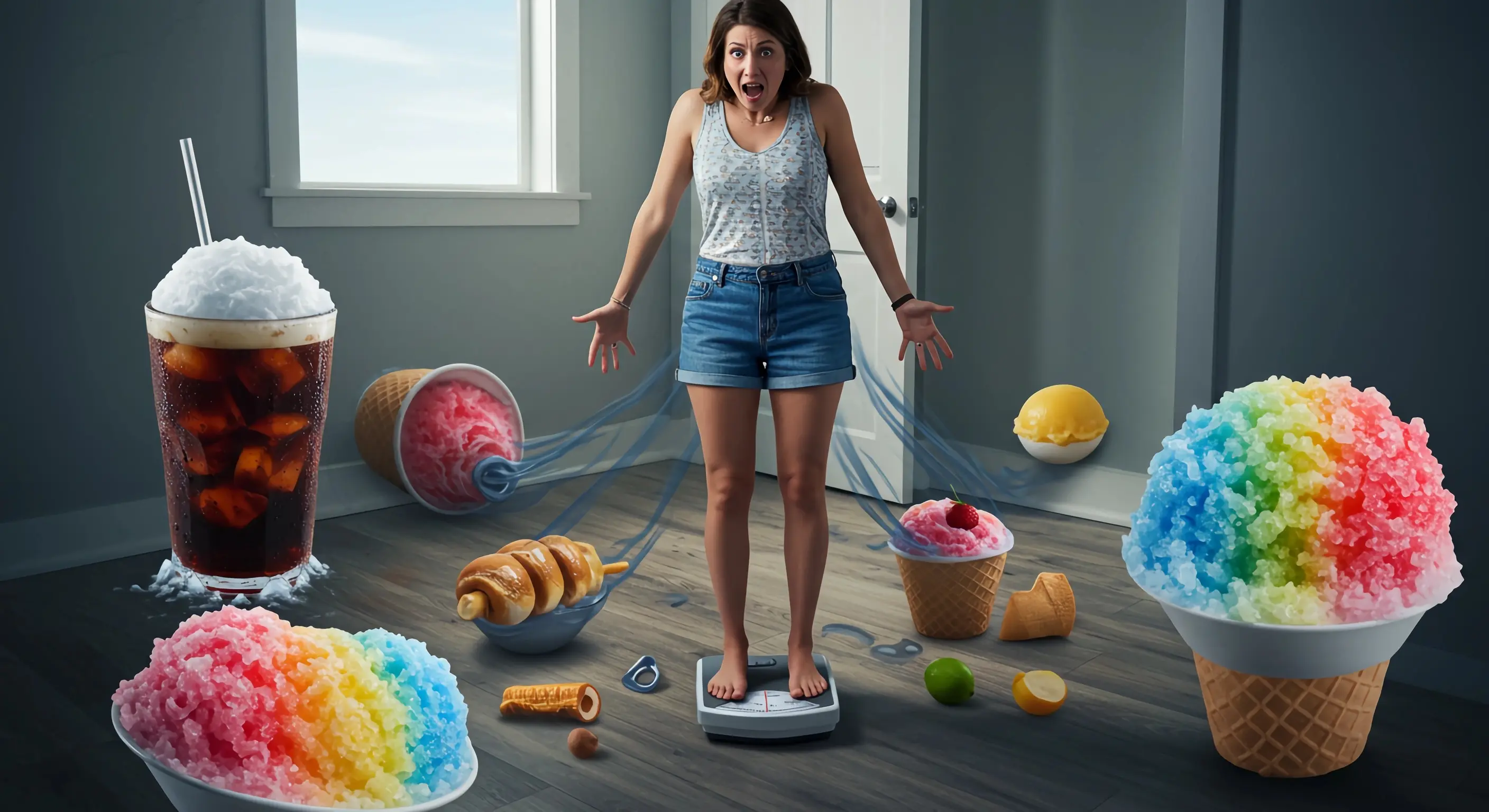 체중계 위에서 놀란 표정을 짓는 30대 여성과 주변에 널린 아이스 아메리카노, 빙수, 아이스크림 등 차가운 여름 음식들
: 여름철 다이어트에 실패하는 다양한 연령대의 사람들 (20대부터 50대까지)과 그들 주변에 놓인 아이스 아메리카노, 빙수 등 차가운 음식들. 찬 음식이 다이어트와 건강에 미치는 부정적인 영향을 시각적으로 강조