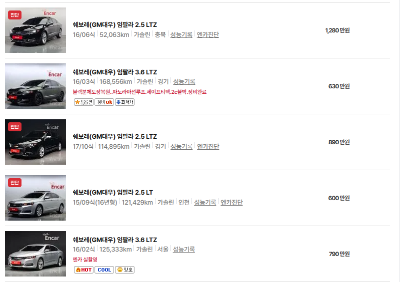 쉐보레 임팔라 중고차 가격 시세표 유지비