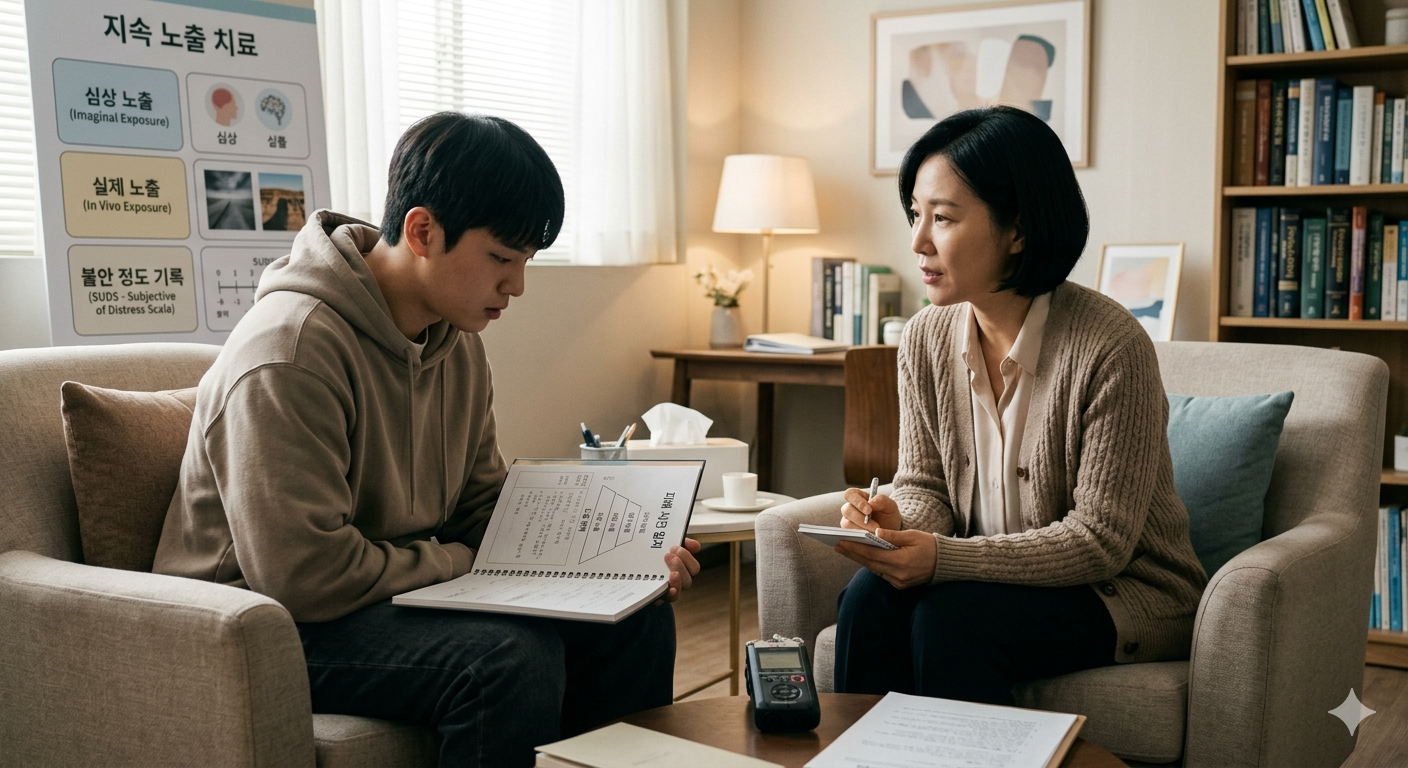 외상후스트레스치료장면 : 장기적 노출치료는 외상 후 스트레스 장애(PTSD) 치료의 핵심이라고 볼 수 있다. 감당하기 힘든 기억의 파편들을 체계적이고 심층적으로 접근하여 치료한다.