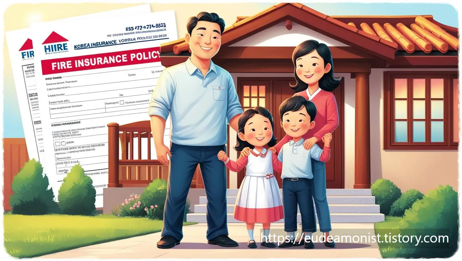 화재보험으로 가족들이 서 있음