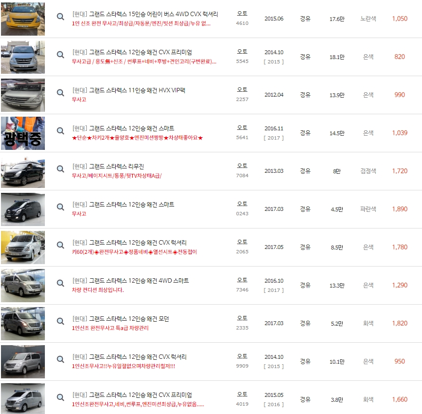 그랜드 스타렉스 중고차 시세 : 350만원~4,088만원