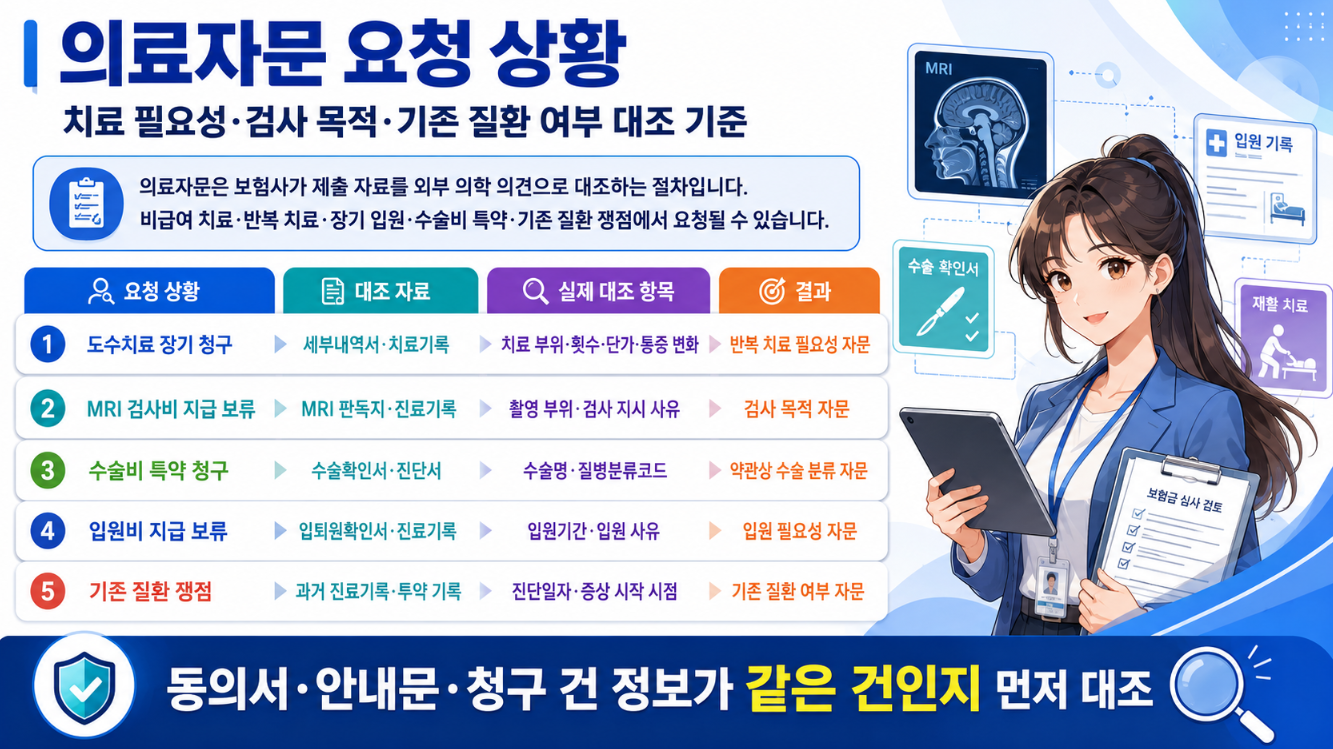 의료자문 요청 상황을 설명하는 가로형 인포그래픽으로, 도수치료 장기 청구, MRI 검사비 지급 보류, 수술비 특약 청구, 입원비 지급 보류, 기존 질환 쟁점을 표 형식으로 정리하고 여성 보험 심사 담당자 일러스트를 배치한 이미지
