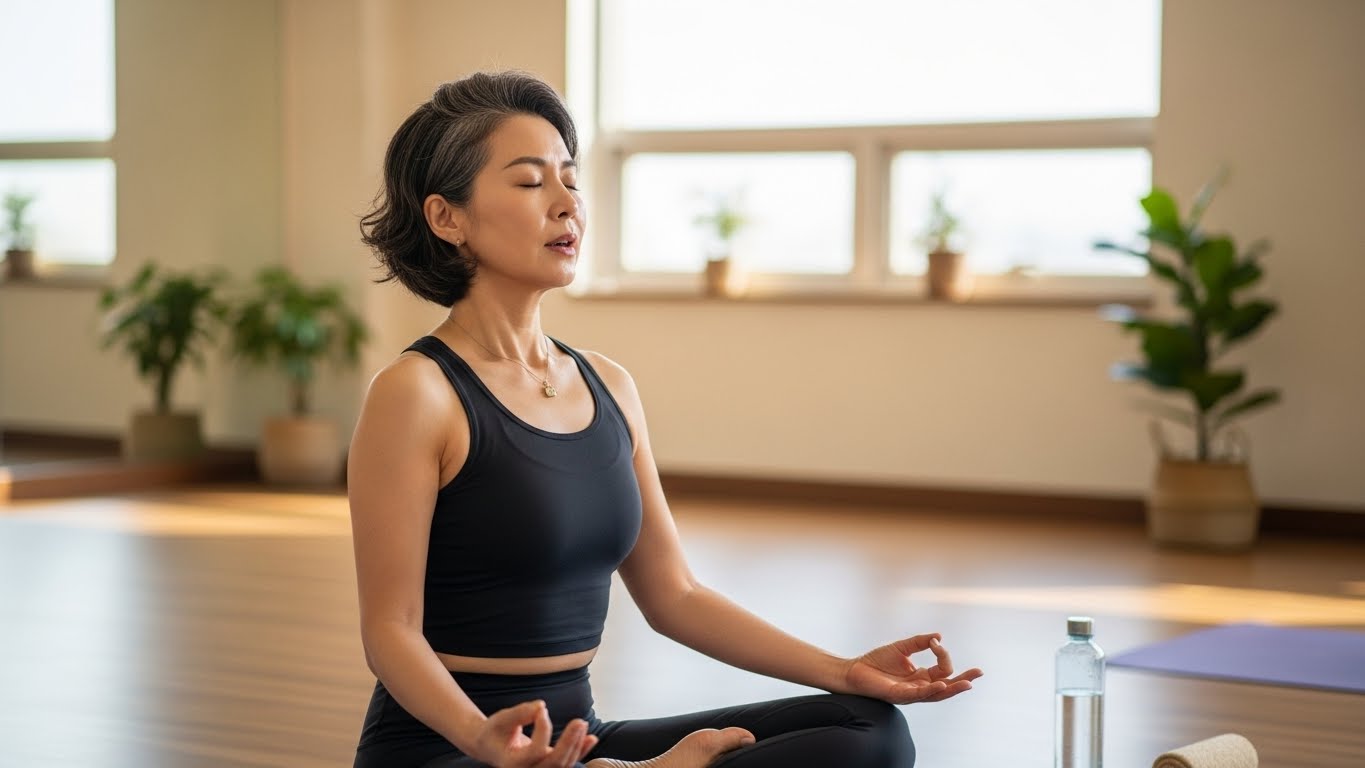 심호흡하며 요가하는 여성의 모습