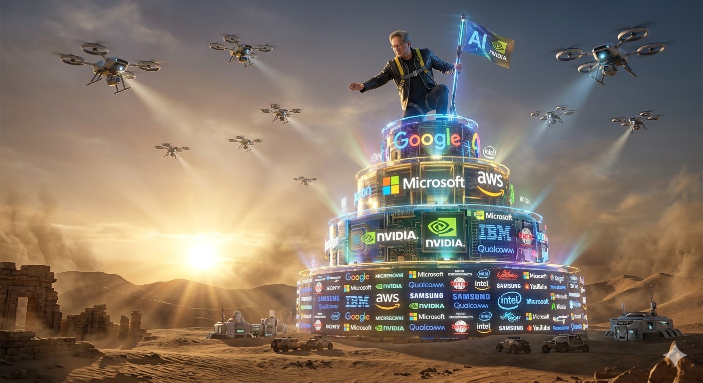 중동의 사막 위로 드론이 날아가고 있지만, 그 아래 거대한 디지털 케이크(5층)가 빛나고 있는 모습. 젠슨 황이 케이크 최상단에 깃발을 꽂고 있으며, 'NVIDIA GTC 2026 핵심 요약'이라는 문구가 강렬하게 박힌 3D 일러스트