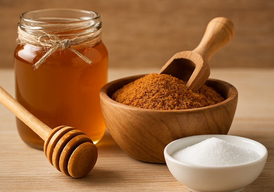 꿀, 코코넛 설탕, 스테비아가 각각 다른 용기에 담겨 따뜻한 나무 배경과 자연광 아래에서 식탁 위에 정갈하게 배치된 모습.