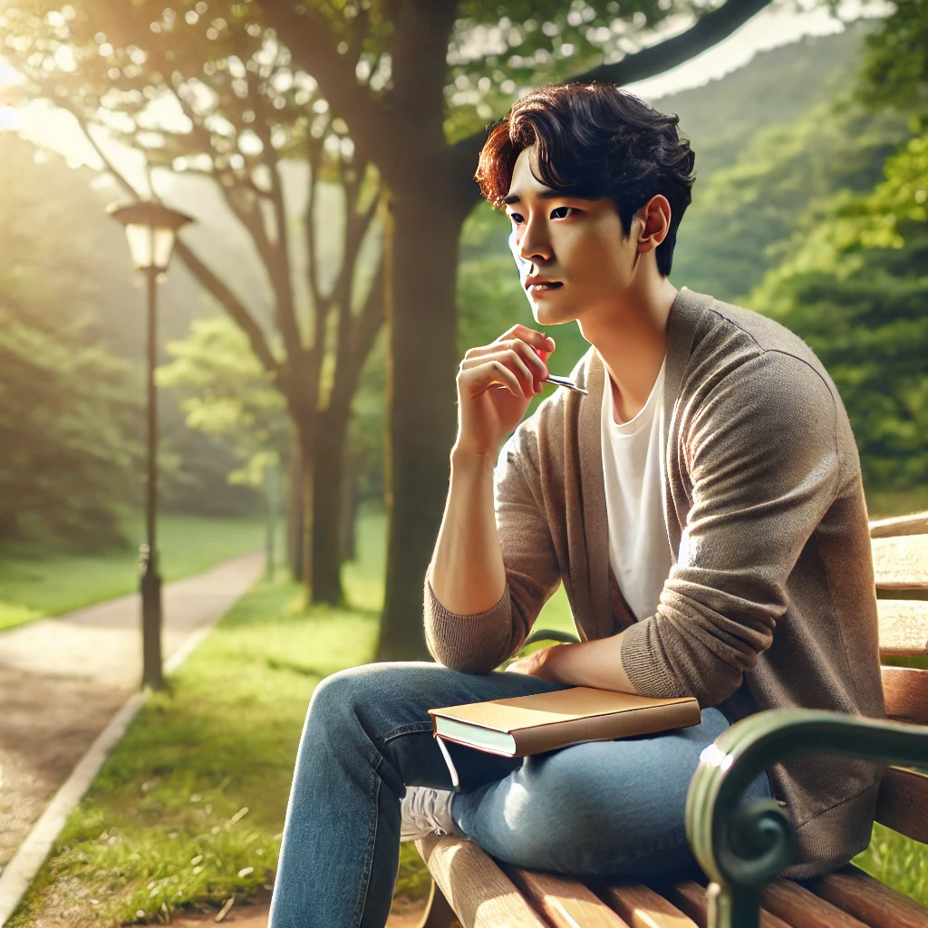 공원 벤치에 앉아 노트를 들고 사색에 잠긴 젊은 남성