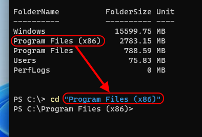 PS C:\> cd "Program Files (x86)"
PS C:\Program Files (x86)>