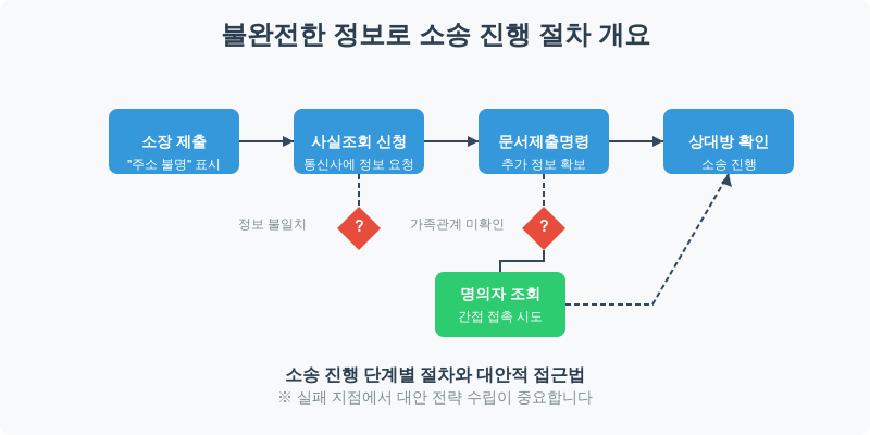 상대방 정보가 불완전할 때 소송 진행 절차를 보여주는 흐름도. 소장 제출부터 시작해 사실조회, 문서제출명령, 상대방 확인 단계로 진행되며, 각 단계에서 실패 시 대안 경로를 표시함