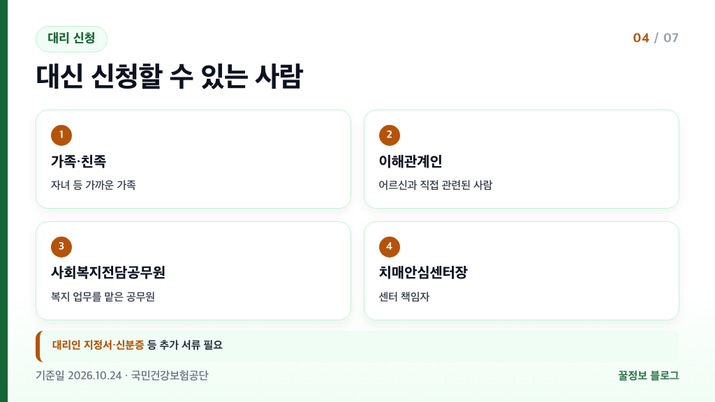 장기요양등급 대리 신청 가능한 사람 가족 친족 이해관계인 사회복지전담공무원 치매안심센터장