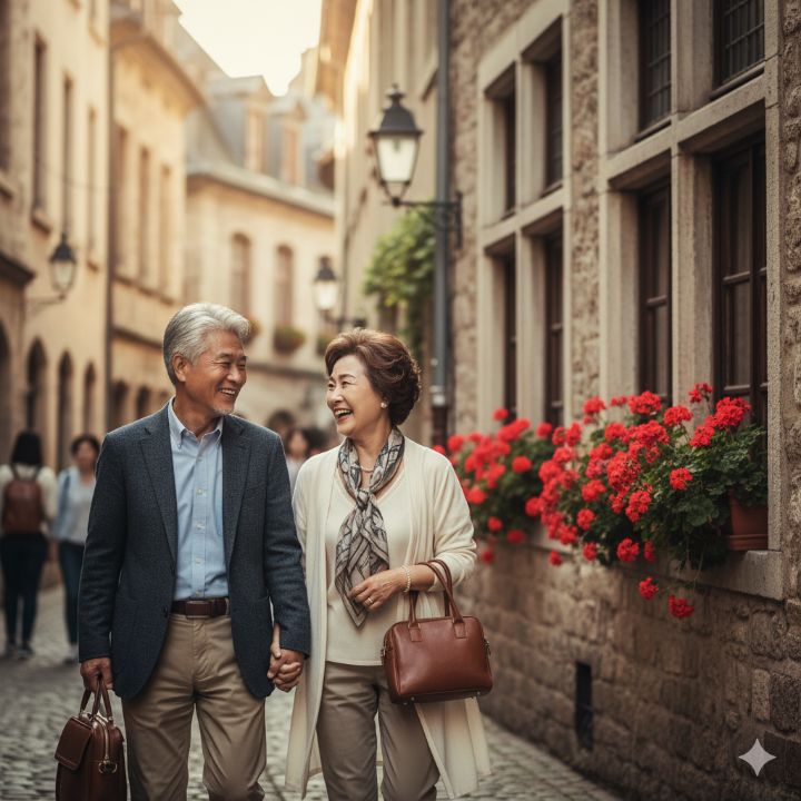 노년의 부부가 여유롭게 여행을 즐기는 모습