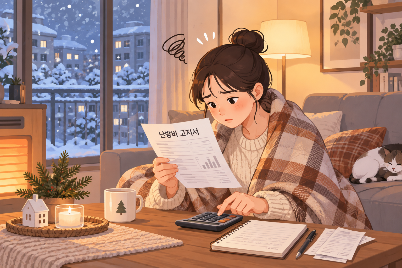 겨울 난방비 절약 방법 확인하는 사람 일러스트