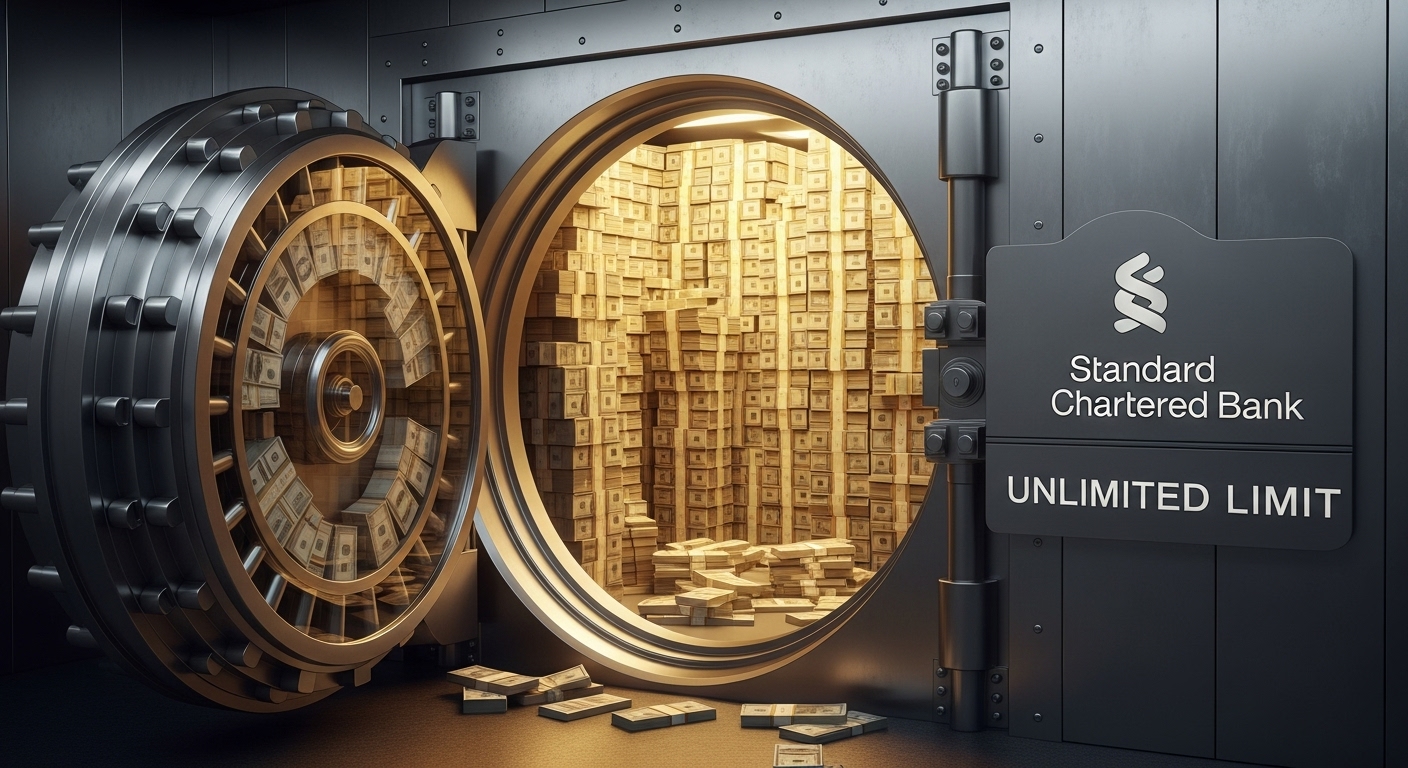 Image of an open large bank vault filled with stacks of money. SC Standard Chartered Bank logo and 'Unlimited Limit' text.
