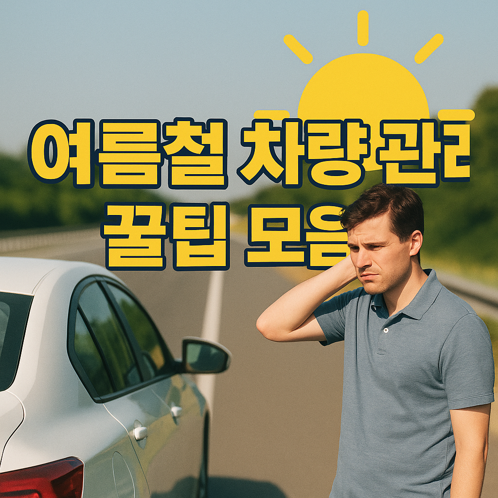 여름철 차량관리 꿀팁 모음 문구와 도로위의 차량 옆 남성 이미지