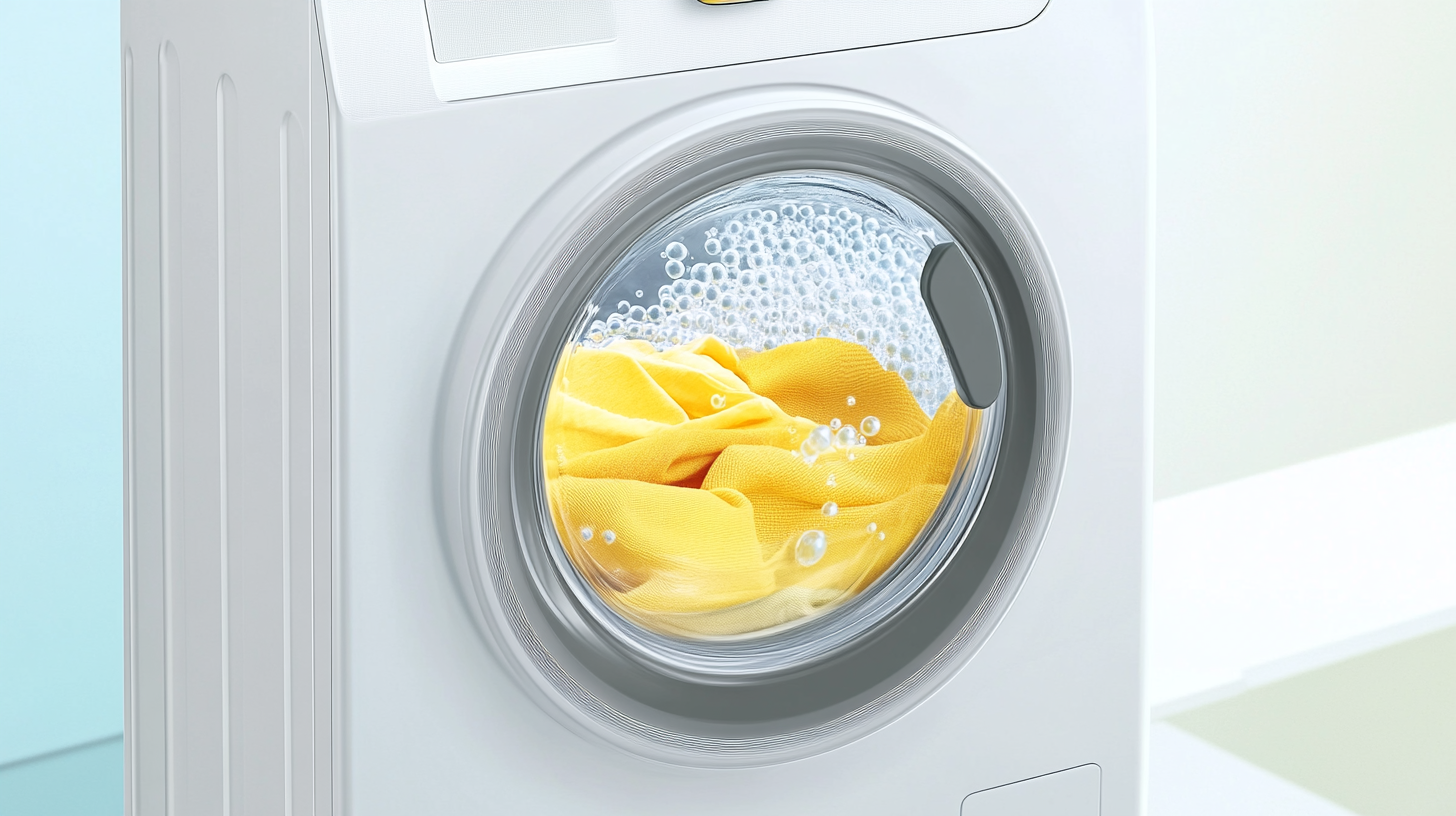 삼성 세탁기의 투명한 글라스 도어를 통한 에코버블 세탁 과정을 가까이서 촬영한 모습으로, 거품이 옷을 깨끗이 세척하는 장면입니다.