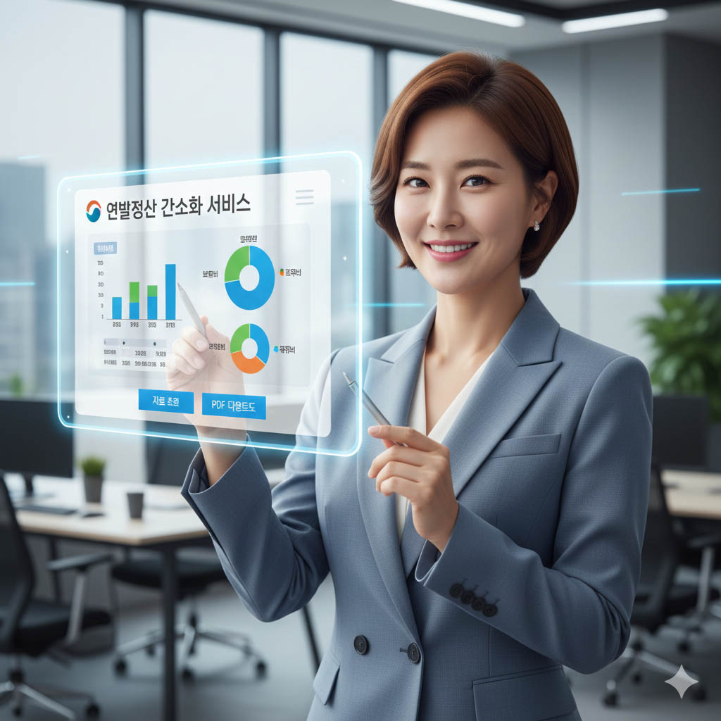 깔끔한 사무실 배경에서 미소 짓는 여성 직장인이 홀로그램으로 띄워진 '연말정산 간소화 서비스' 화면을 손가락으로 가리키고 있다. 화면에는 막대 그래프와 원형 차트 등 공제 자료 현황이 표시되어 있다