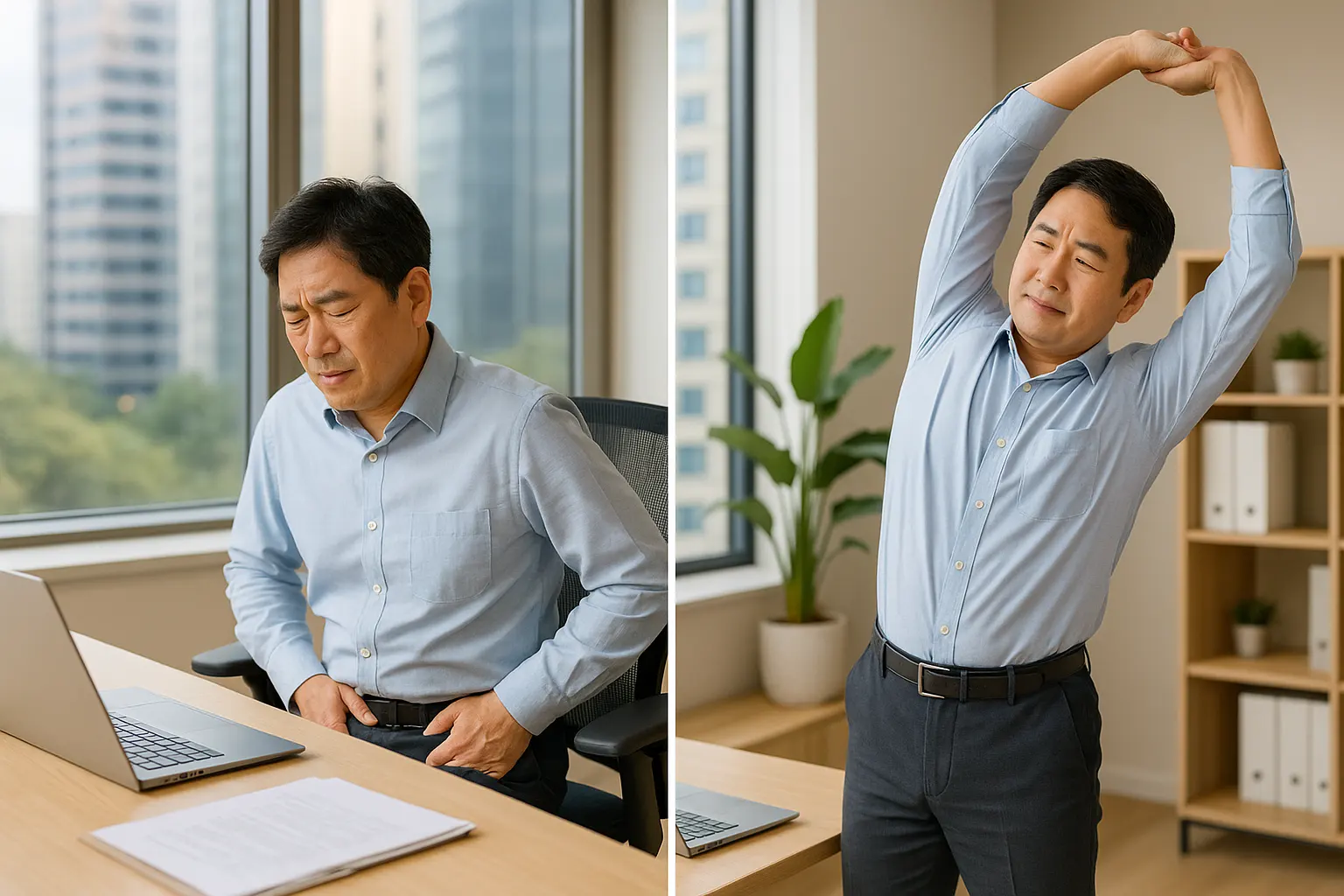 사무실 책상 앞에서 장시간 앉아 있는 중년 남성, 불편한 표정으로 회음부를 살짝 손으로 짚는 모습, 옆에는 자리에서 일어나 스트레칭하는 장면