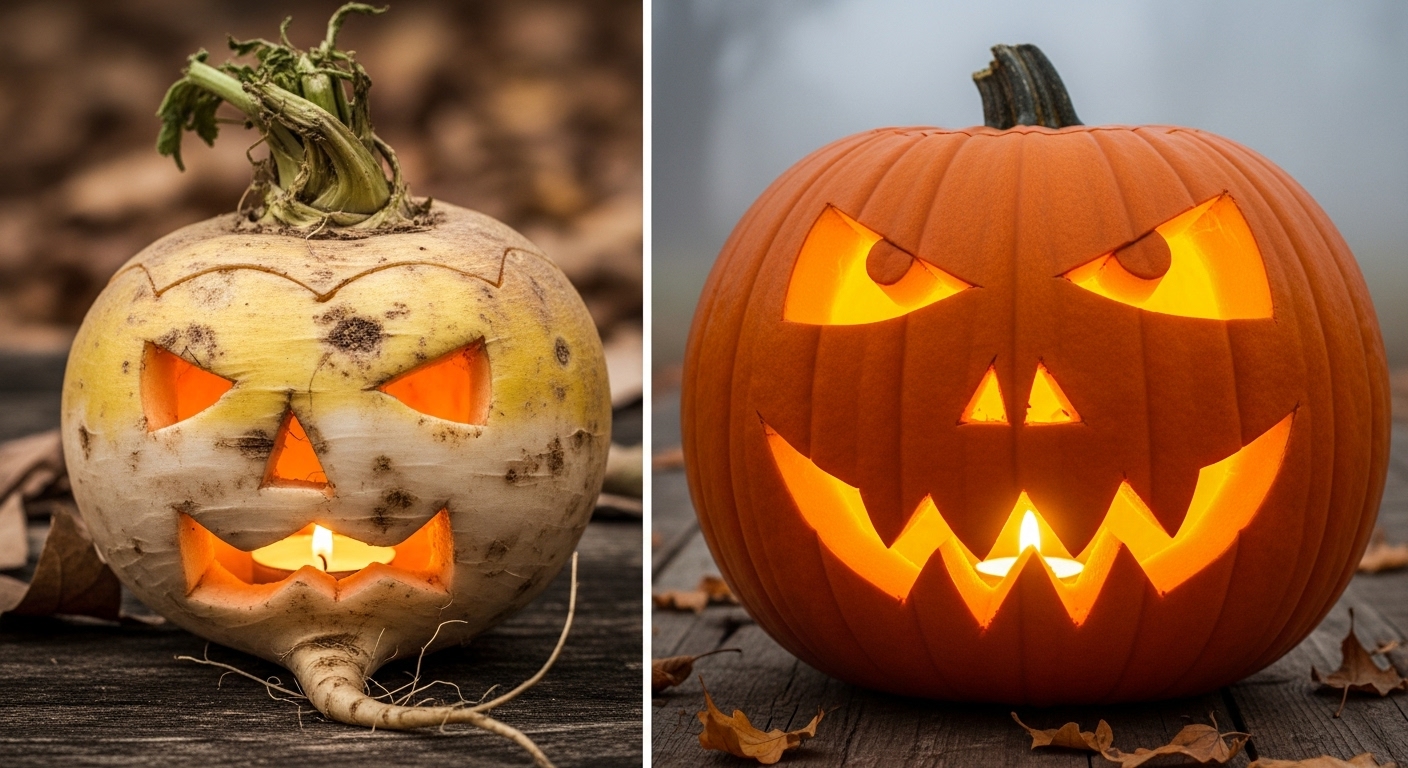 순무로 만든 잭오랜턴과 호박 잭오랜턴을 비교하는 모습