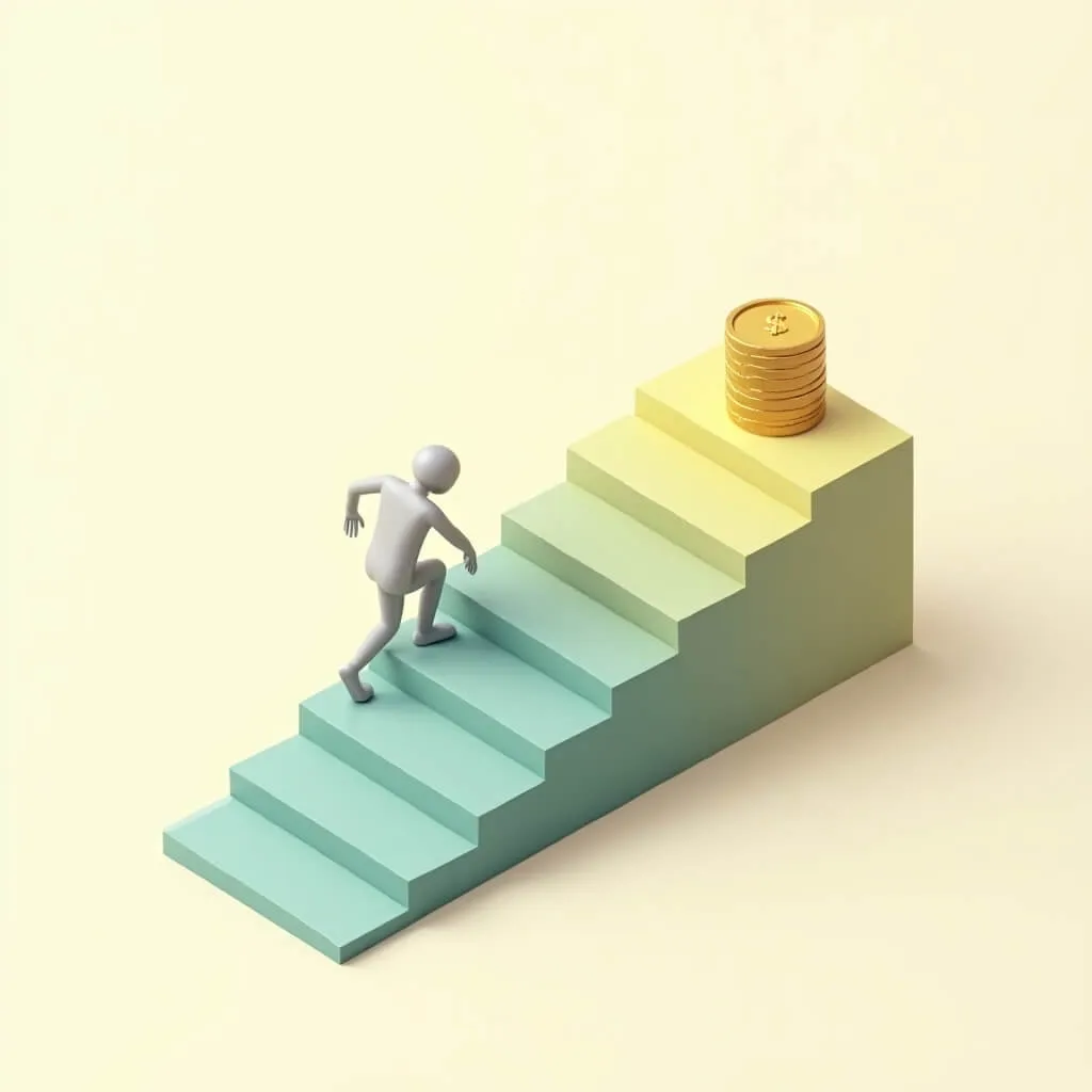 2026년 국민연금 개편의 보험료율 단계적 인상을 상징하는 3D 일러스트. 틸색에서 골든색으로 그라데이션되는 계단을 사람이 오르고 있으며 맨 위에 금화 더미가 있는 아이소메트릭 인포그래픽으로, 2026년부터 2033년까지 9%에서 13%로 상승하는 보험료율 인상 일정을 시각화함