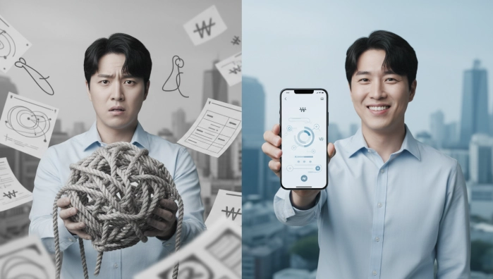 한국-베트남 송금의 복잡했던 과거(왼쪽)와 간편해진 현재(오른쪽)를 비교하는 이미지. 한 한국인이 복잡한 서류와 스트레스 속에서 송금하던 모습(왼쪽)과 스마트폰으로 쉽고 빠르게 송금하는 모습(오른쪽)을 대비하며, 효율적인 해외 송금을 나타냄.