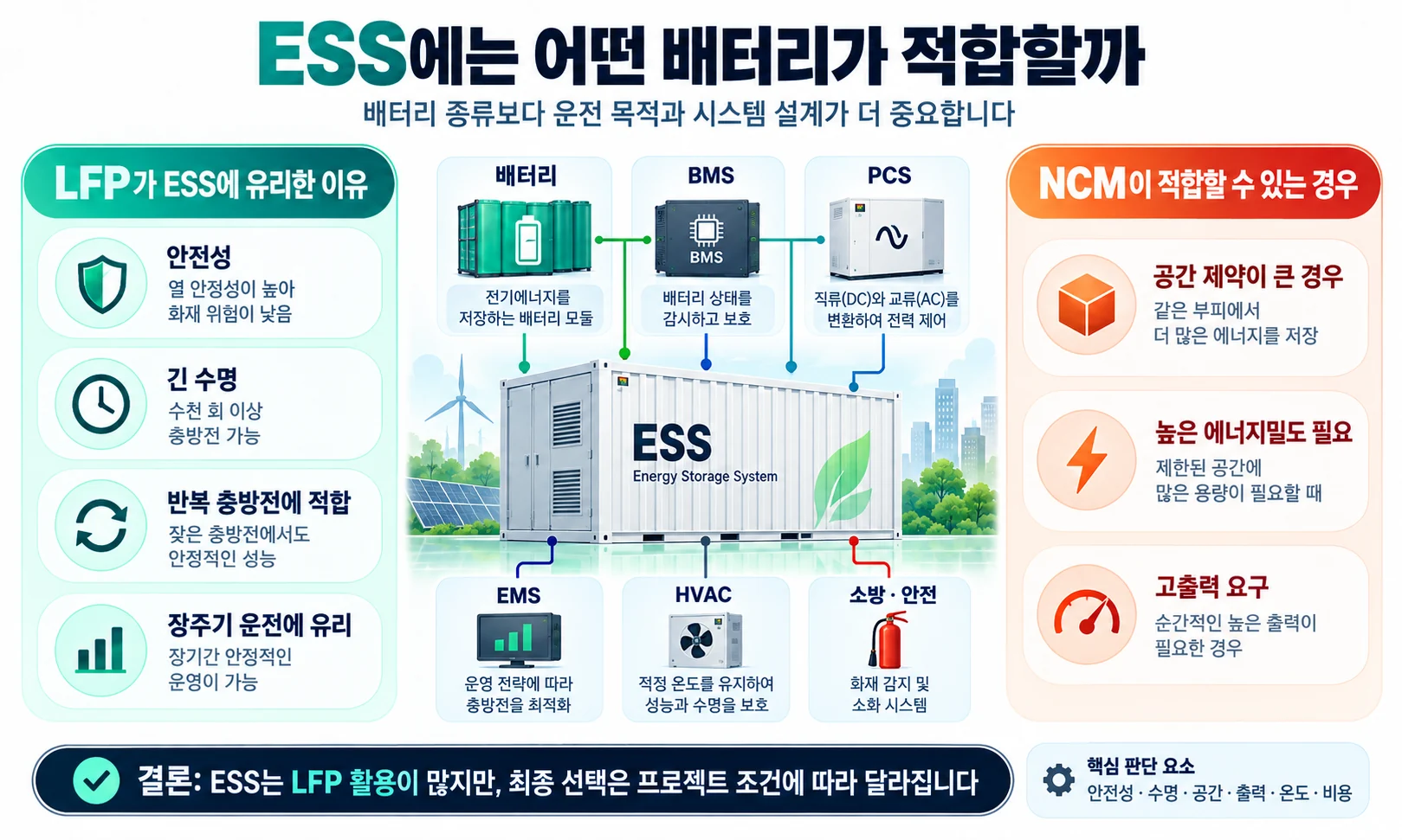 LFP와 NCM의 ESS 적용 조건과 배터리 BMS PCS EMS HVAC 시스템 구성을 설명한 인포그래픽