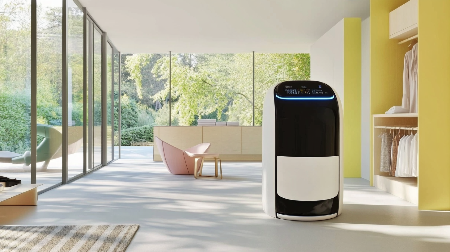 현대적인 세탁실에 위치한 세련된 디자인의 AI 기반 세탁기, 넓은 공간과 조화를 이루는 모습