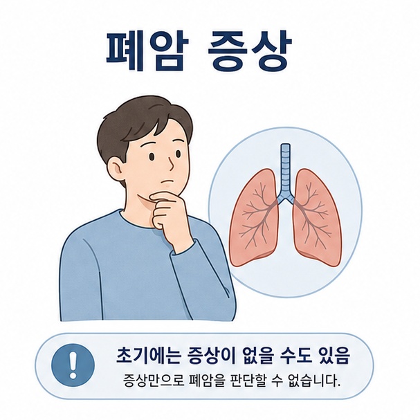 사람의 폐를 단순하게 표현하고 폐암은 초기에는 증상이 없는 경우도 있어 증상만으로 판단할 수 없음을 보여 주는 그림