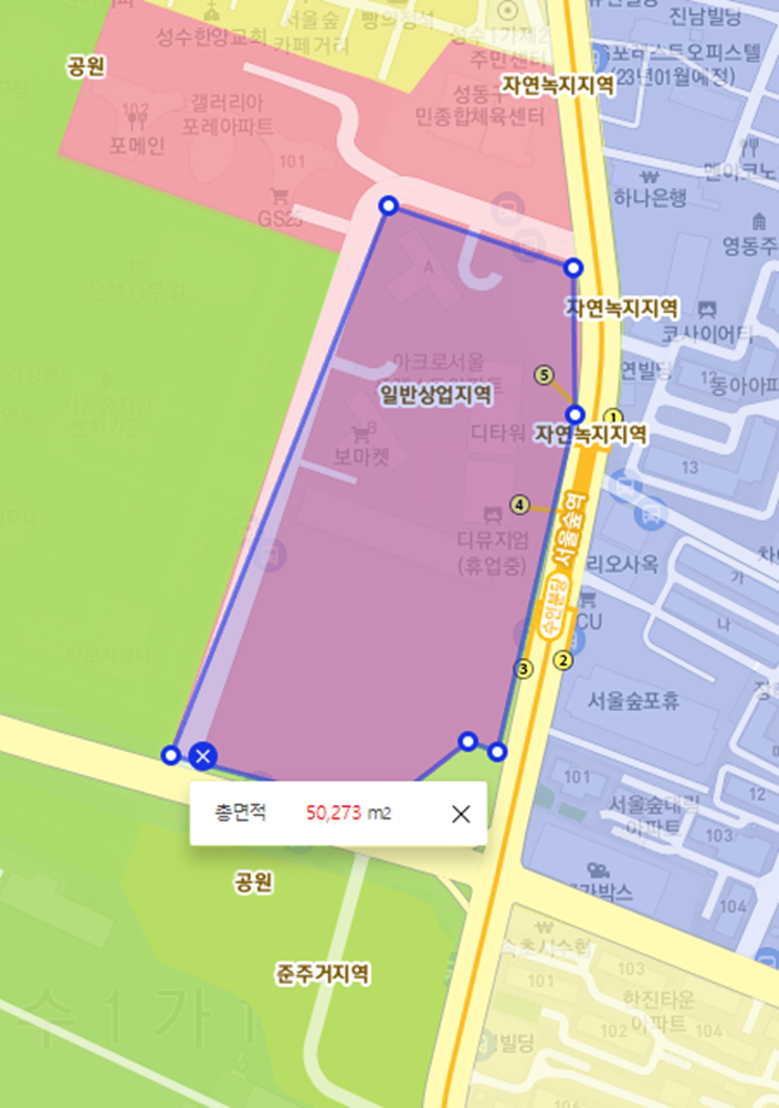 카카오맵-면적재기-사용화면