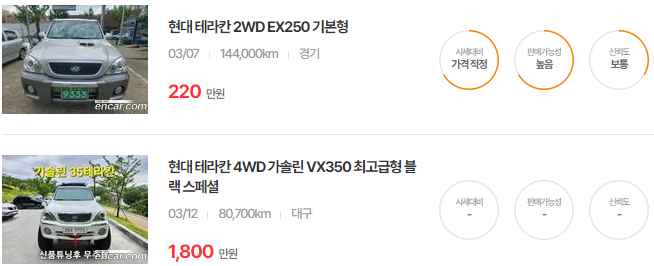 테라칸 2003년식 중고차 가격