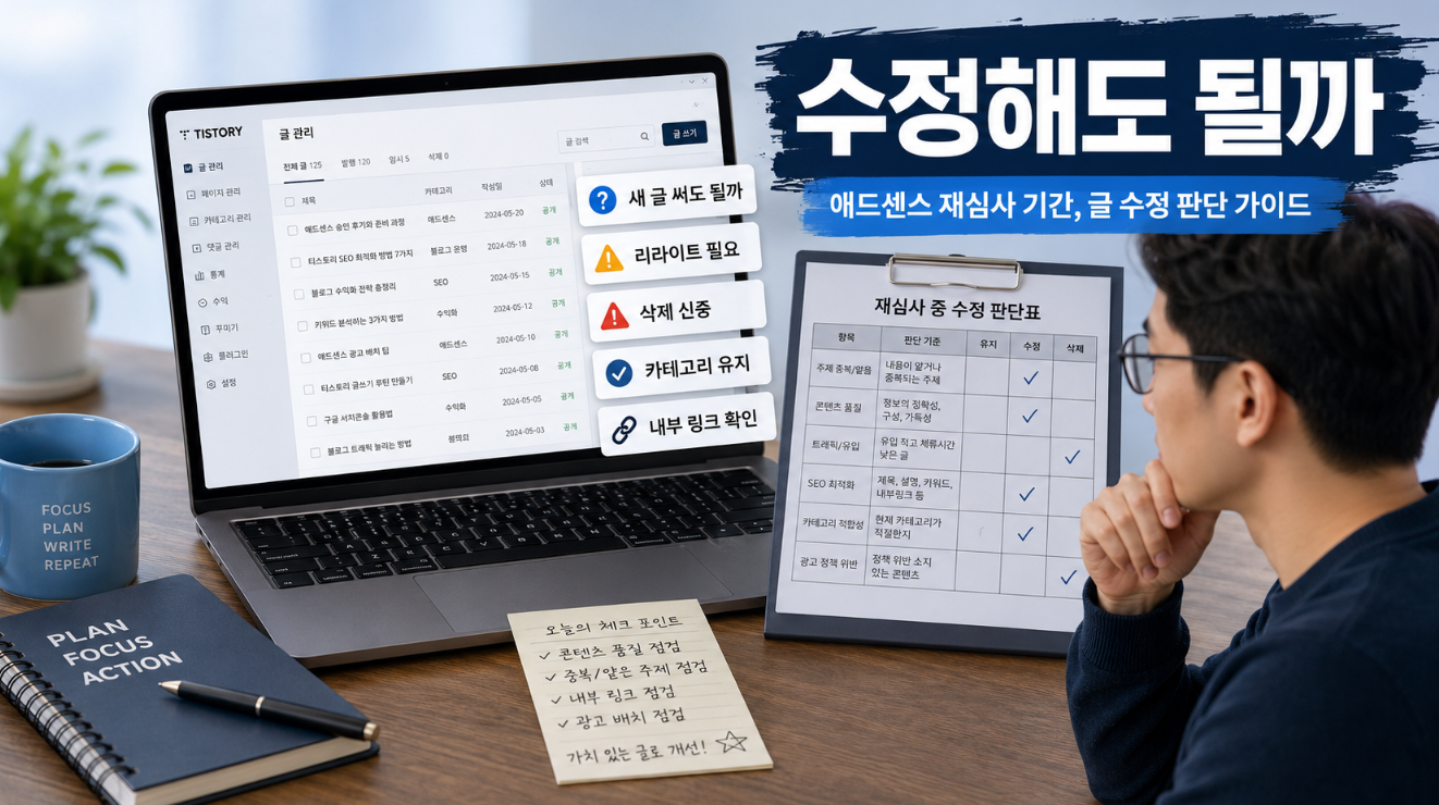 애드센스 재심사 중 티스토리 글 목록을 보며 새 글 작성과 리라이트 삭제 여부를 고민하는 블로거 이미지