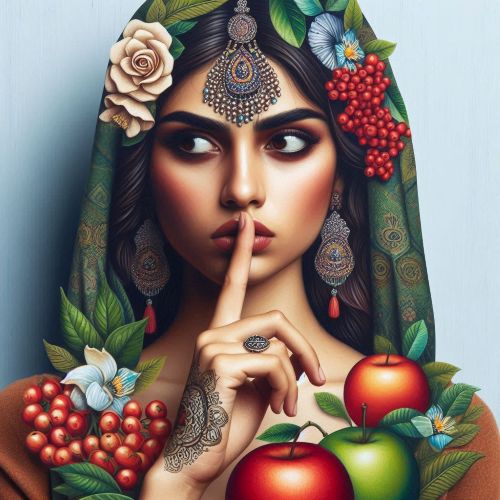 금지된 과일 이미지를 활용하여 숨겨진 정보에 대한 인간의 호기심을 시각적으로 표현