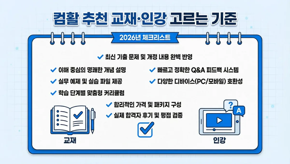 컴활 교재와 인강 선택 기준을 2026년 체크리스트로 정리한 대표이미지(1급&middot;2급 필기&middot;실기)
