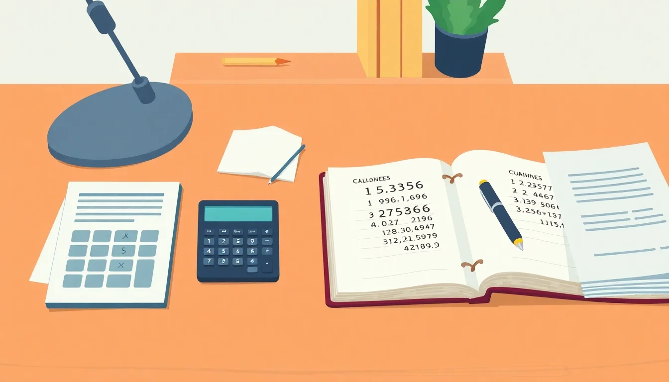 책상 위 계산기, 필기구, 노트, 종이 등 사무 용품.