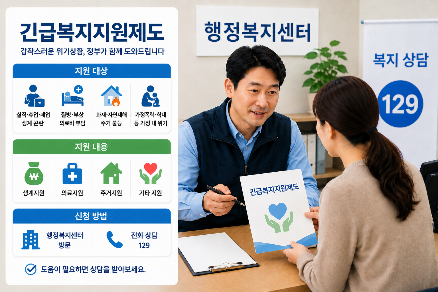 행정복지센터에서 긴급복지지원제도 상담을 받는 이미지